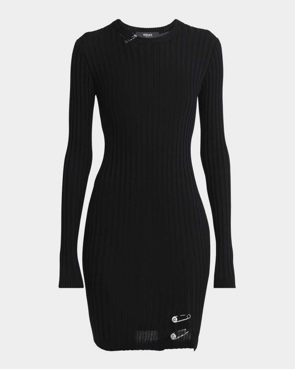 Safety-Pin Slit Vanise Knit Mini Dress
